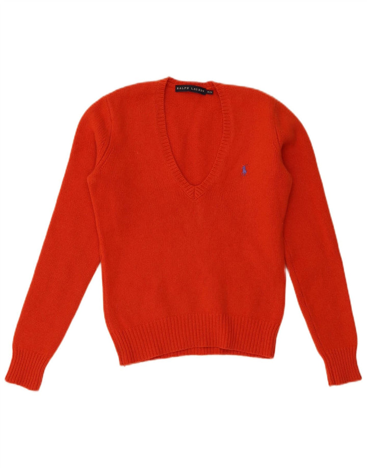 Damski sweter z dekoltem w kształcie litery V, Ralph Lauren, UK 12, średnia, pomarańczowa wełna