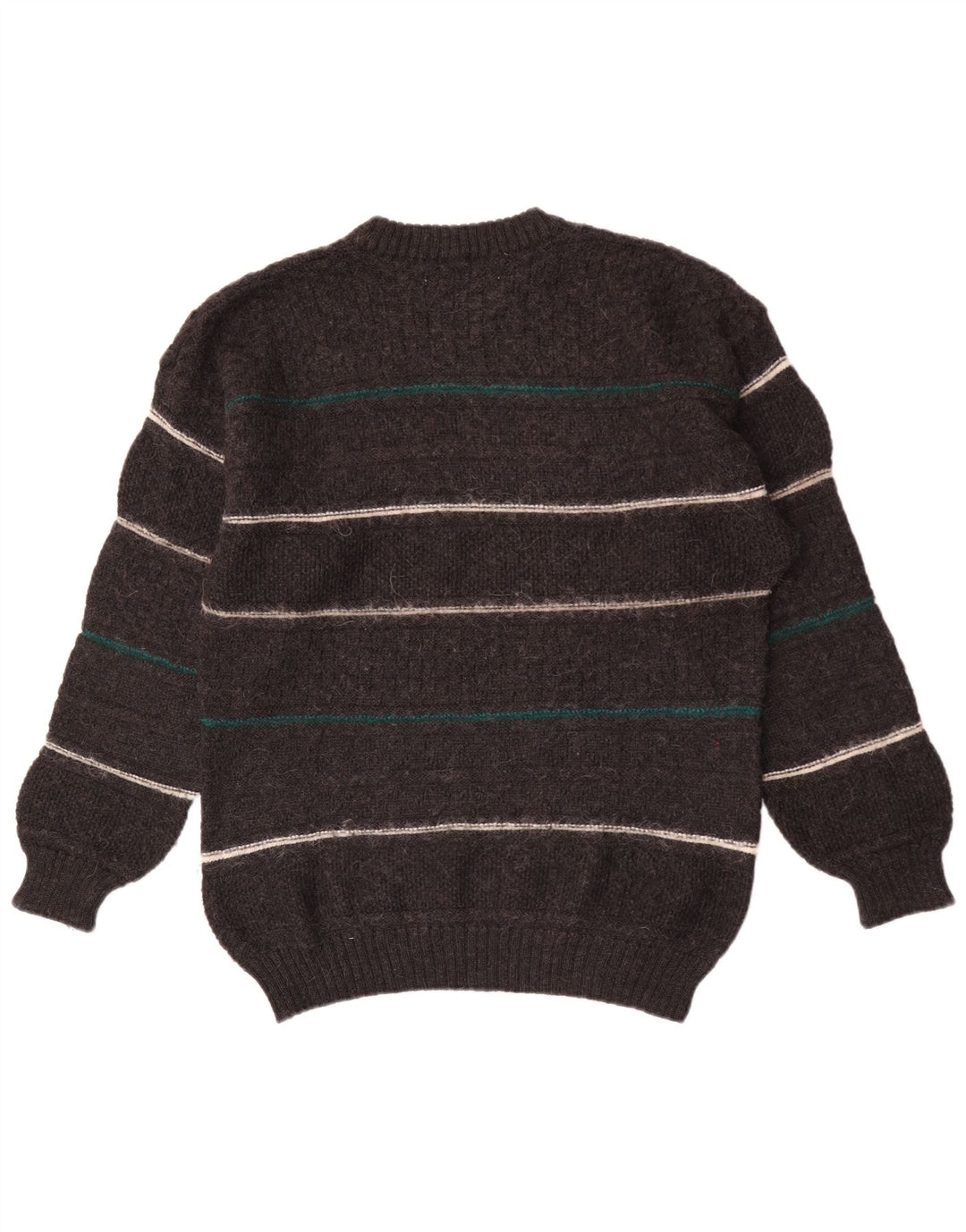 Vintage męski sweter z wycięciem pod szyją, średniej szarej wełny w paski