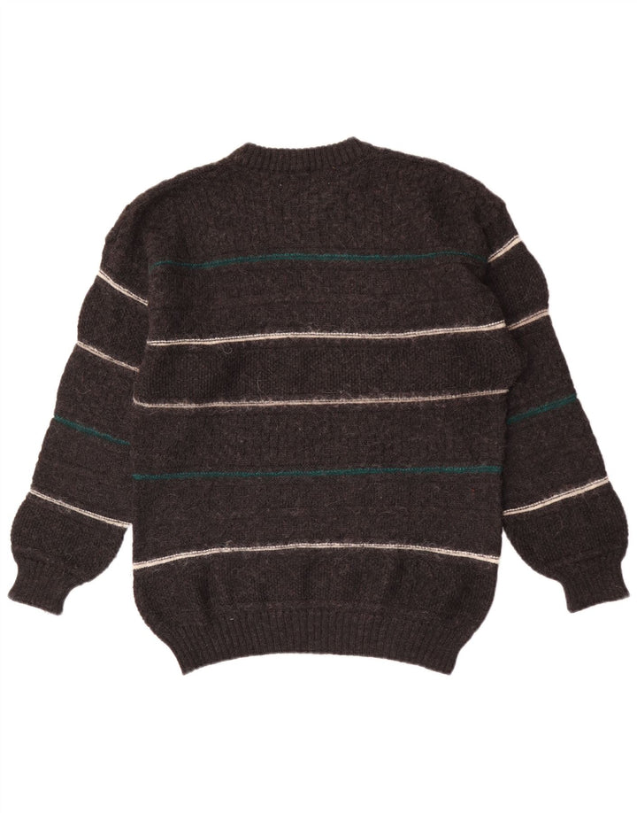Vintage męski sweter z wycięciem pod szyją, średniej szarej wełny w paski