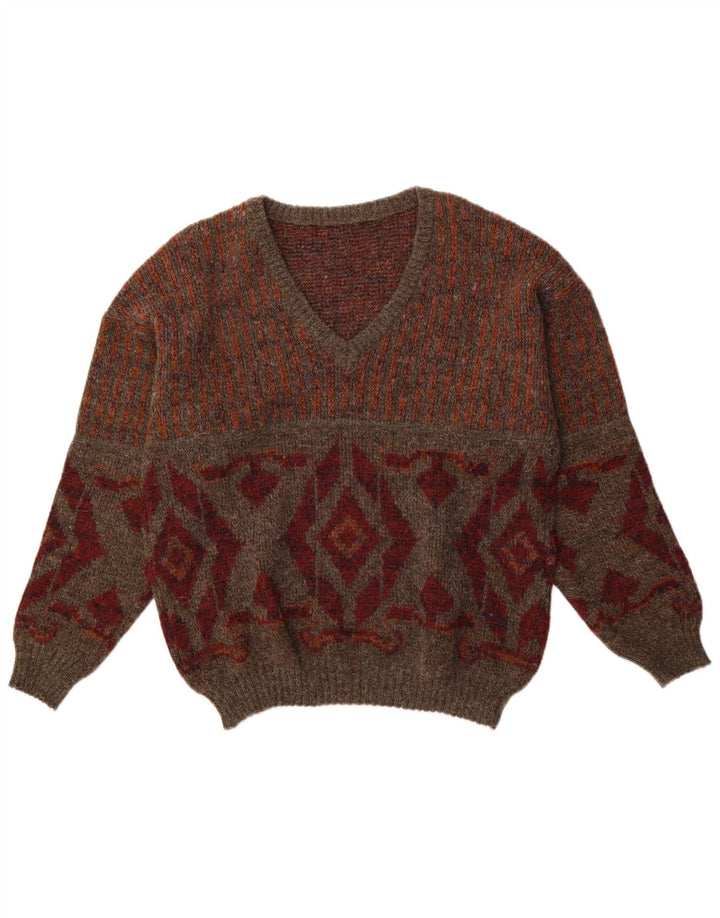 Męski sweter VINTAGE z dekoltem w kształcie litery V IT 48 Średni brąz Argyle/Diament