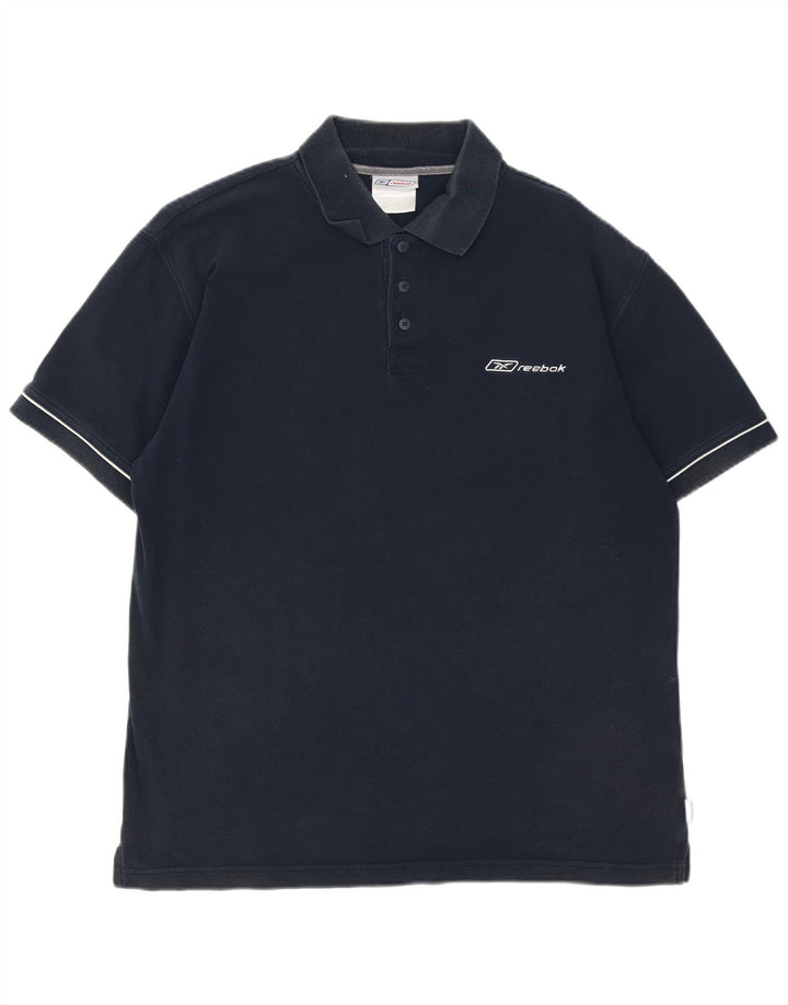 Męska koszulka polo Reebok, średnia, granatowa, bawełniana w paski