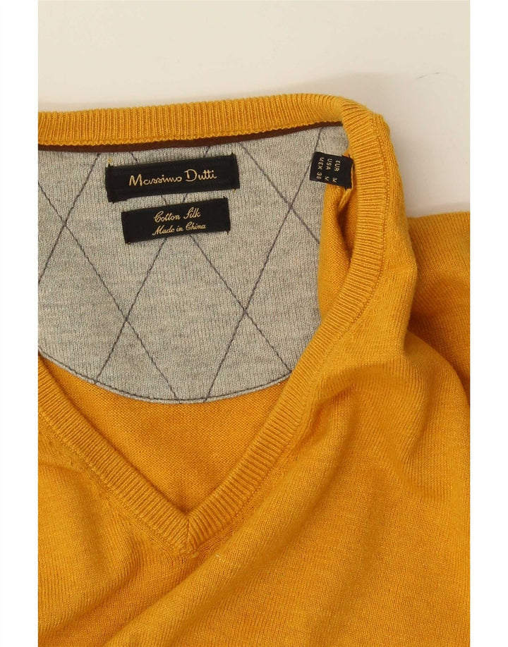 Męski sweter Massimo Dutti z dekoltem w kształcie litery V, średniożółty, bawełniany