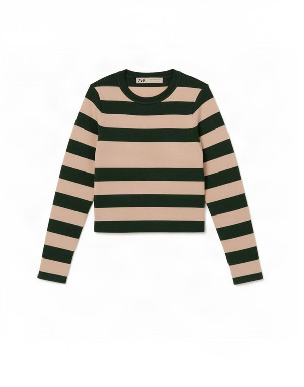 Zara Womens Top Long Sleeve UK 8 Small Green Striped Viscose