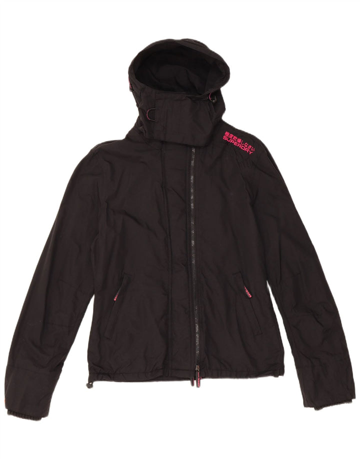 Damska kurtka wiatrówka z kapturem Superdry UK 14, średni czarny nylon