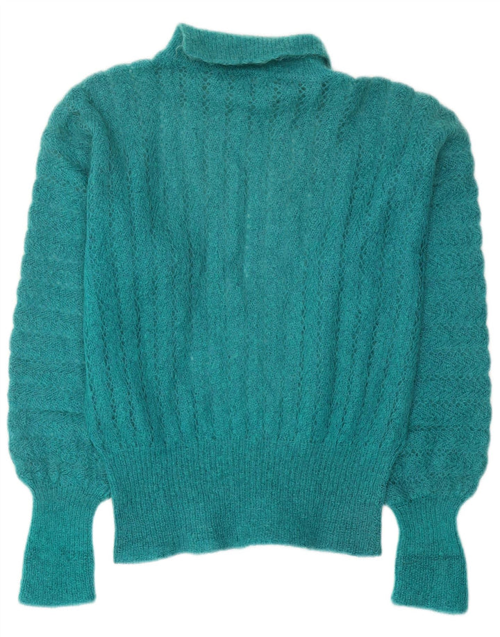 Vintage damski sweter z golfem UK 14 średni turkus