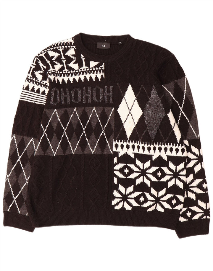 Męski sweter C & A z okrągłym dekoltem 2XL, czarny patchworkowy akryl