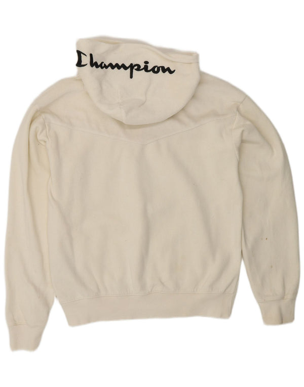 CHAMPION Womens Graphic Hooded Fleece Jumper UK 14 Medium Off White Cotton