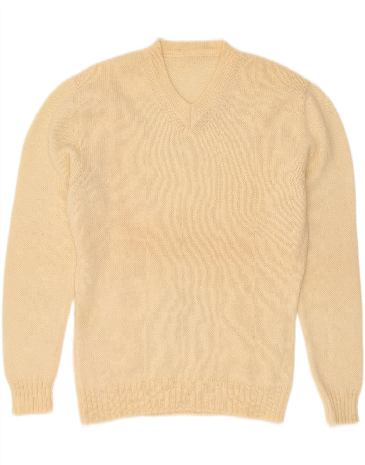 VINTAGE Mens V-Neck Jumper Sweater Medium Beige Vintage Vintage and Second-Hand Vintage from Messina Hembry 