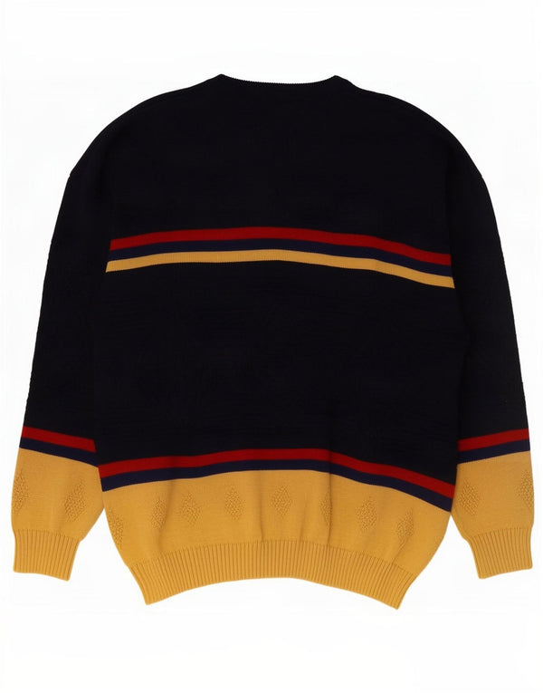 Męski sweter w stylu vintage z graficznym wycięciem pod szyją XL, granatowy, blok kolorów