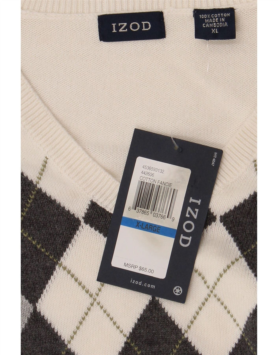 Izod Męski sweter z dekoltem w kształcie litery V, XL, biała tkanina argyle/diamentowa bawełna
