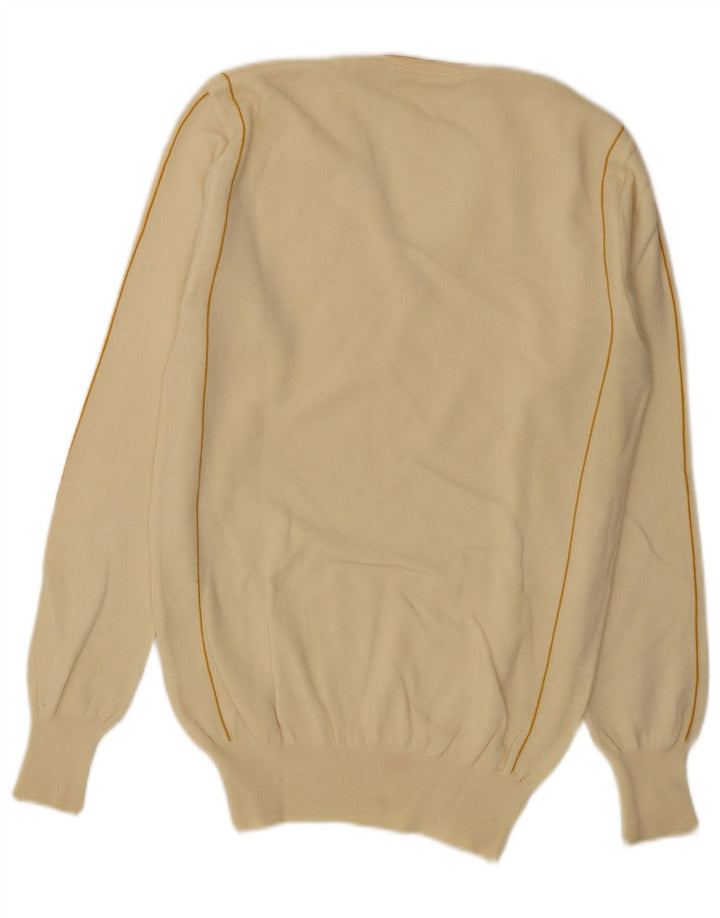 Męski sweter w stylu vintage z dekoltem w szpic, wełniany w kolorze złamanej bieli