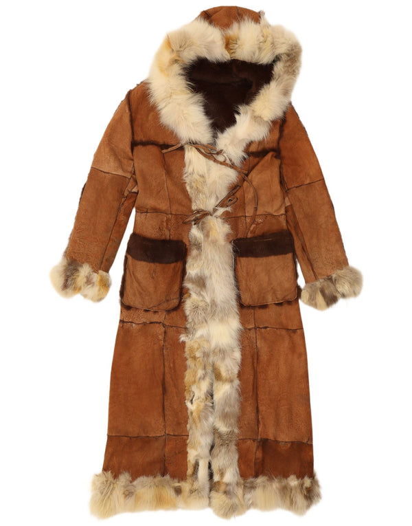 Dwustronny damski płaszcz z kapturem i dwustronnym futrem UK 10 Small Brown