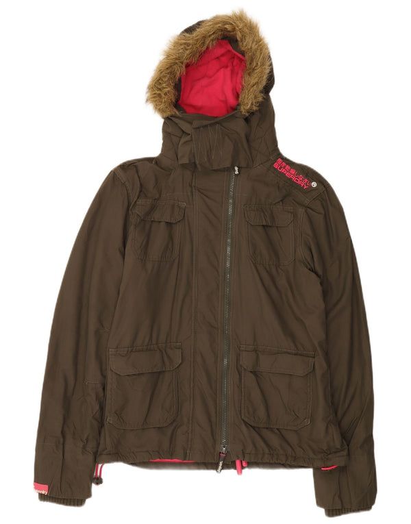 Damska kurtka wiatrówka z kapturem Superdry UK 16, duża nylonowa khaki