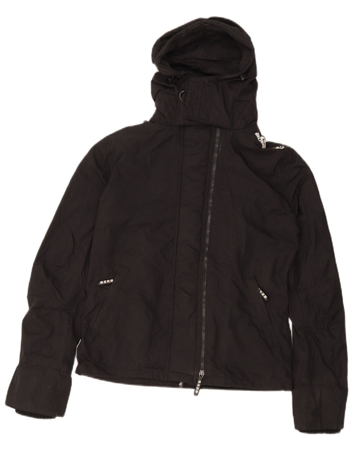 SUPERDRY Damska kurtka przeciwdeszczowa z kapturem i grafiką UK 14, średni czarny nylon