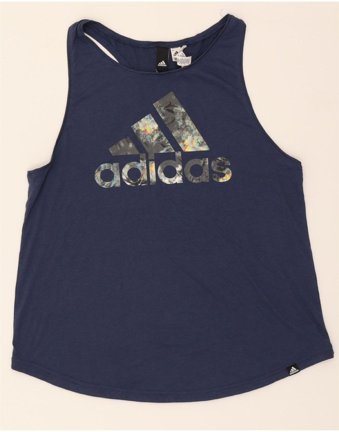 ADIDAS Womens Graphic Vest Top UK 16/18 Large Navy Blue Polyester Vintage Adidas and Second-Hand Adidas from Messina Hembry 