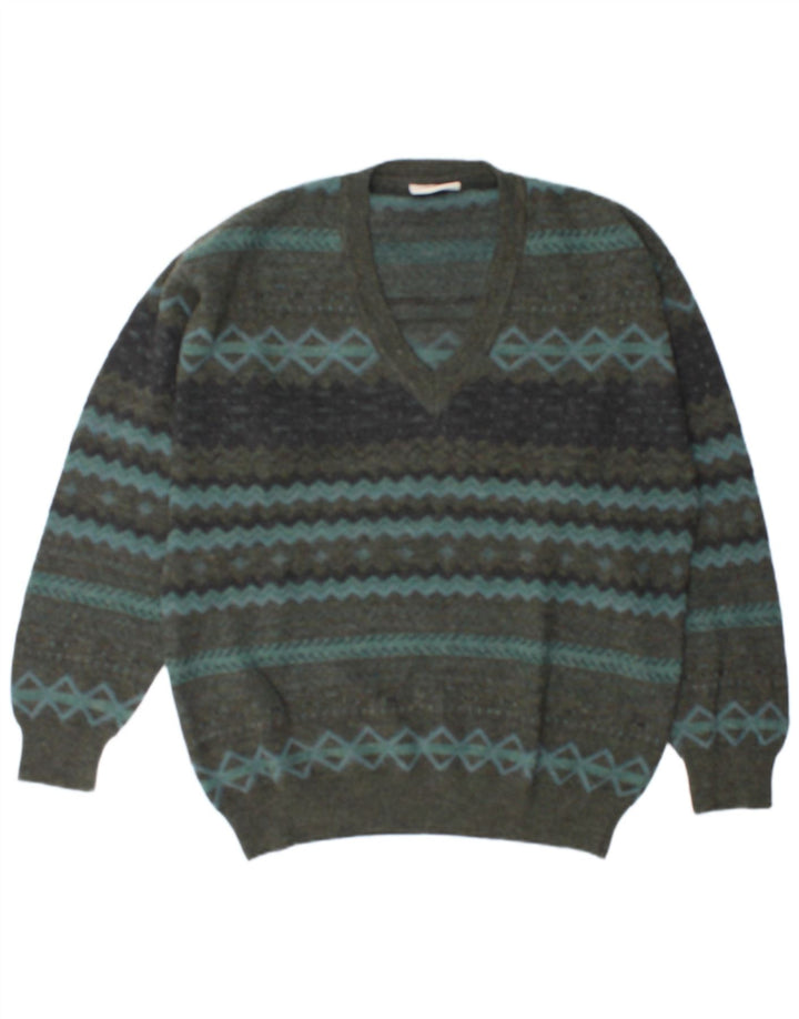 Męski sweter Rodes z dekoltem w kształcie litery V, XL, zielona, geometryczna wełna