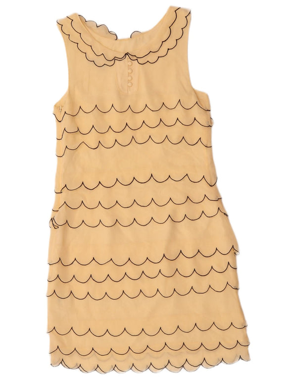 Damska sukienka płaszczowa bez rękawów VINTAGE UK 6 XS w beżowym jedwabiu w paski