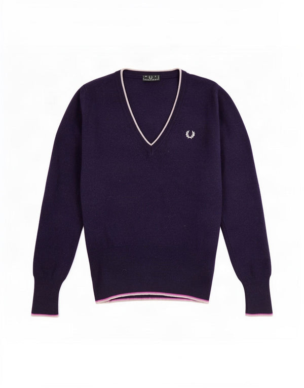 Sweter damski Fred Perry z dekoltem w kształcie litery V, UK 8, mały, granatowy, wełniany