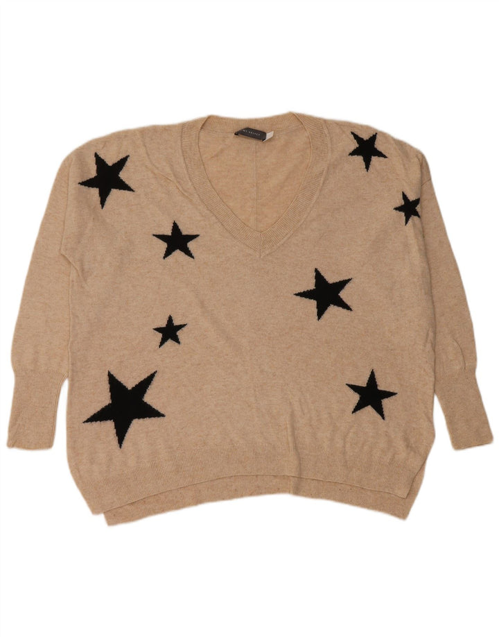 Sweter damski MINT VELVET z abstrakcyjnym wzorem i dekoltem w szpic UK 10 mały beżowy