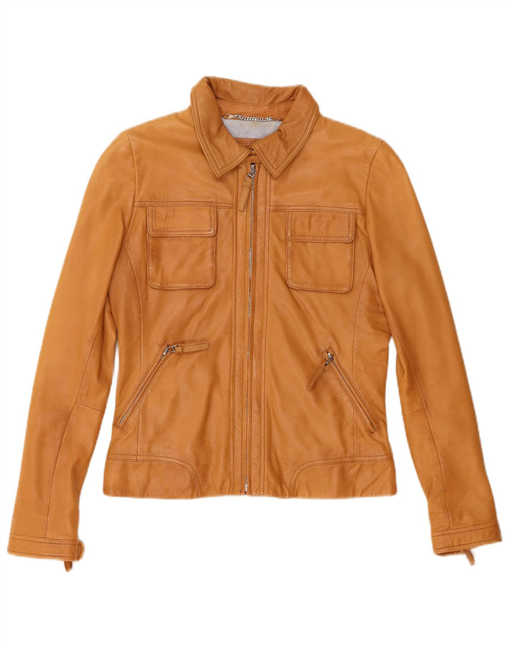 Damska kurtka skórzana Massimo Dutti Crop UK 12 z owczej skóry w kolorze średniego beżu