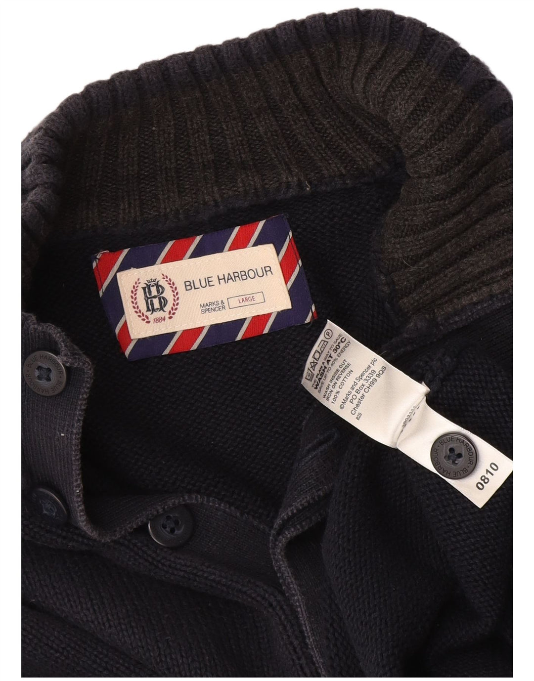 Marks & Spencer Męski sweter w kolorze niebieskim z guzikami przy szyi, duży, granatowy