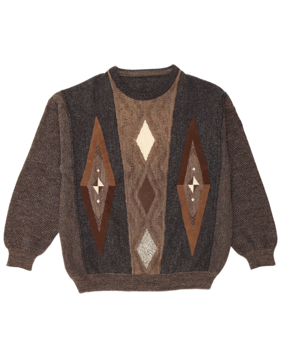 Męski sweter z okrągłym dekoltem w stylu VINTAGE IT 50, duża, brązowa, geometryczna wełna