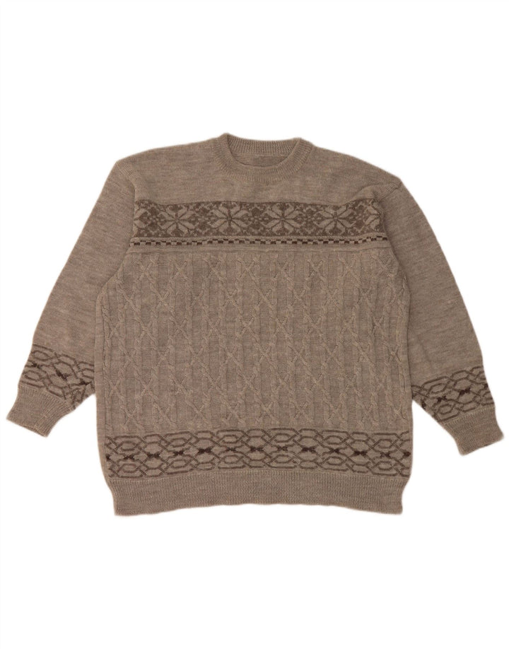 Vintage męski sweter z okrągłym dekoltem, duży szary Fair Isle