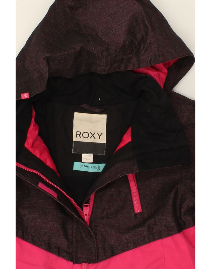 ROXY Girls Hooded Rain Jacket 11-12 Years Large Pink Colourblock Polyester Vintage Roxy and Second-Hand Roxy from Messina Hembry 