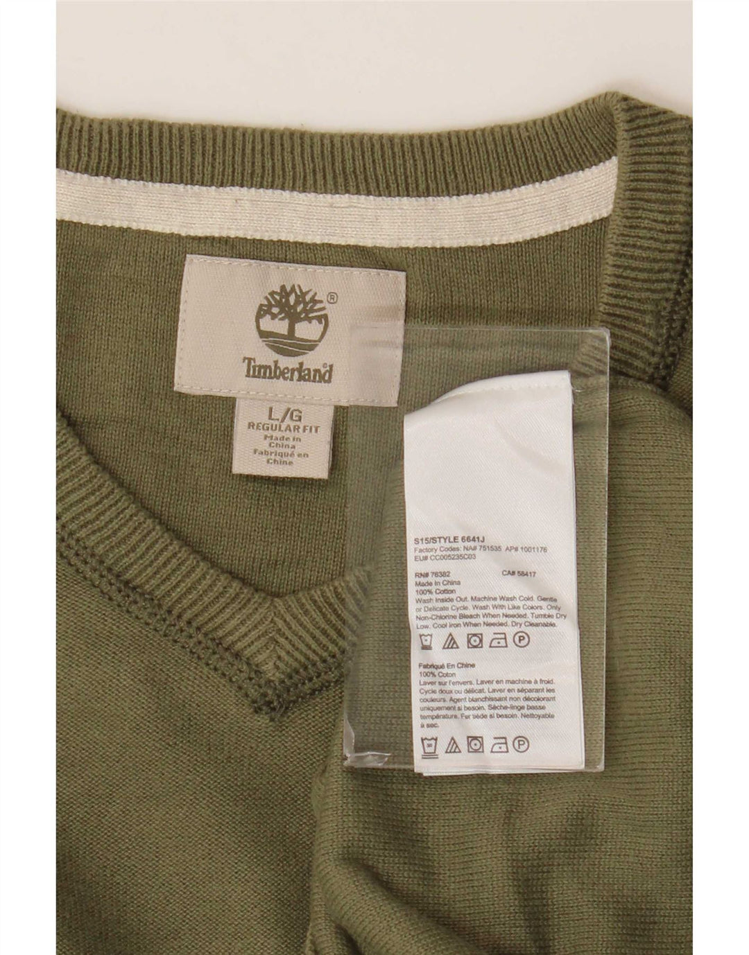 Męski sweter Timberland o regularnym kroju z dekoltem w kształcie litery V, duży, bawełniany khaki