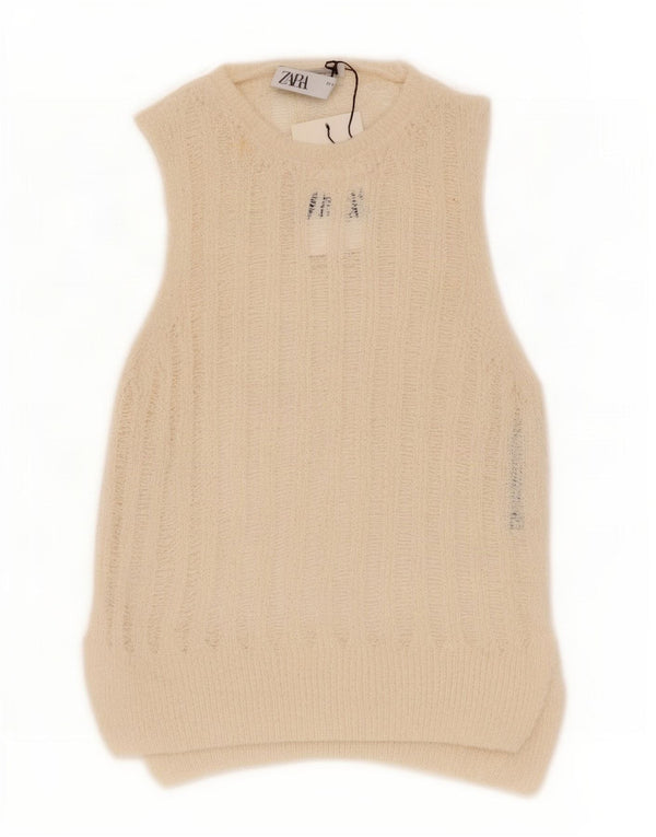 Zara Womens See Through Vest Tank Top UK 12 Medium Off White Cotton