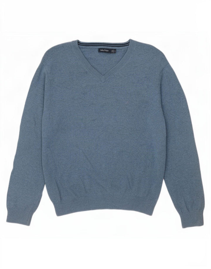 Męski sweter Nautica z dekoltem w kształcie litery V, duży, niebieski, bawełniany