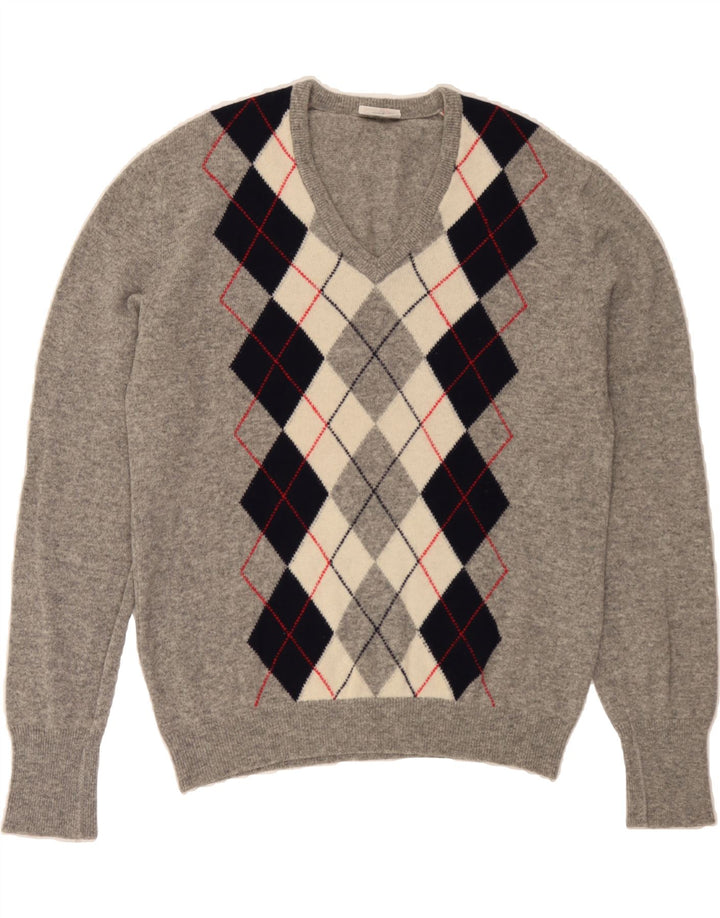 VINTAGE Mens V-Neck Jumper Sweater IT 52 Large Grey Argyle/Diamond Vintage Vintage and Second-Hand Vintage from Messina Hembry 