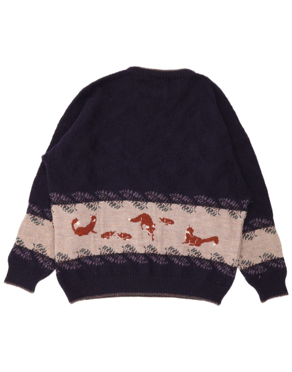 Męski sweter w stylu vintage z graficznym wycięciem pod szyją XL, fioletowa wełna z blokami kolorów