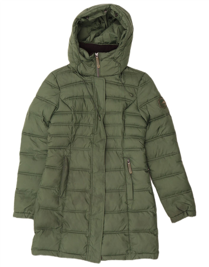 Damski ocieplany płaszcz z kapturem Superdry UK 6 XS, zielony poliester