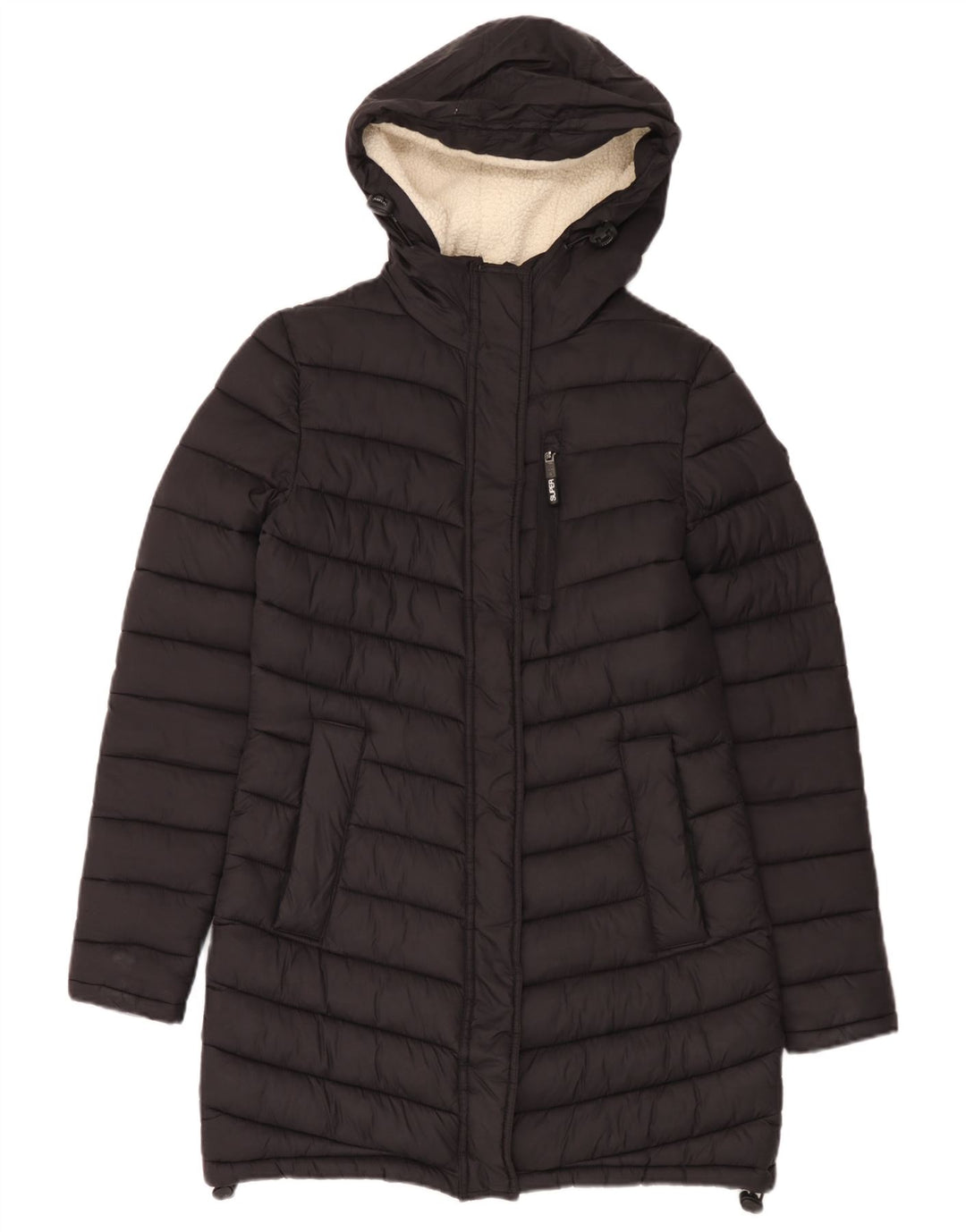 Damski ocieplany płaszcz z kapturem Superdry UK 10, mały, czarny nylon