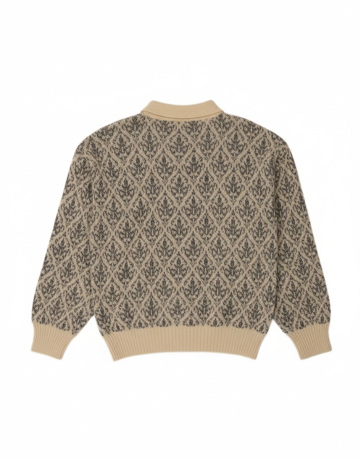 VINTAGE Mens Polo Neck Jumper Sweater Medium Beige Argyle/Diamond Wool