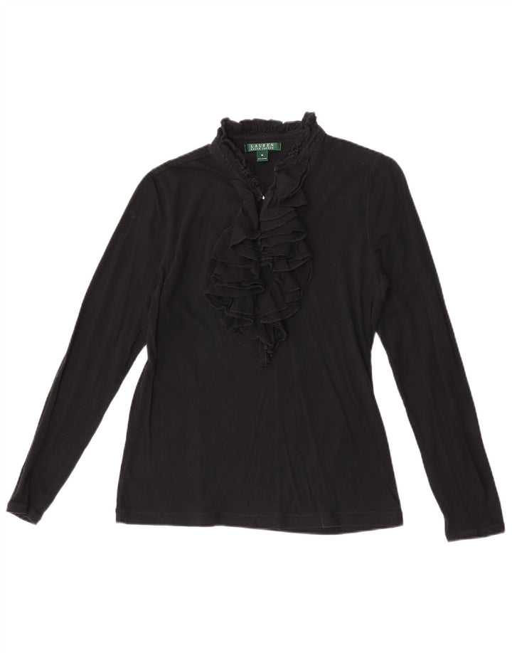 Damski top z falbaną Ralph Lauren z długim rękawem, UK 12, średni czarny