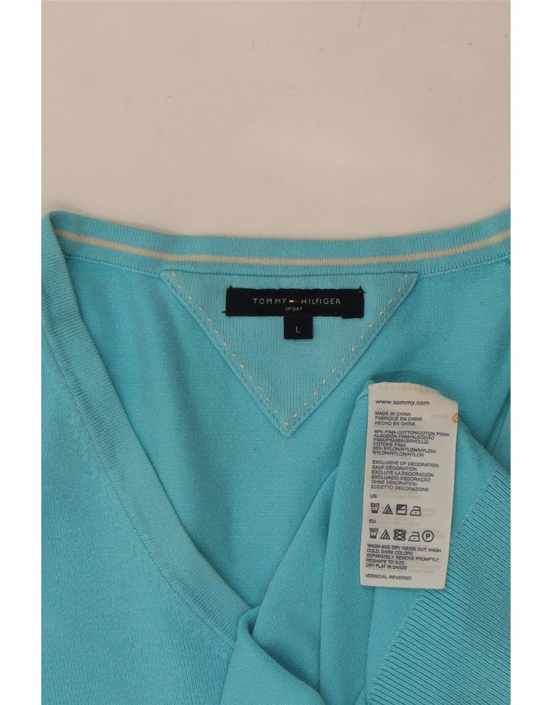 Damski sweter TOMMY HILFIGER z dekoltem w kształcie litery V, UK 14, duży, niebieski, bawełniany