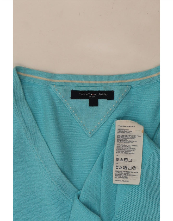 Damski sweter TOMMY HILFIGER z dekoltem w kształcie litery V, UK 14, duży, niebieski, bawełniany