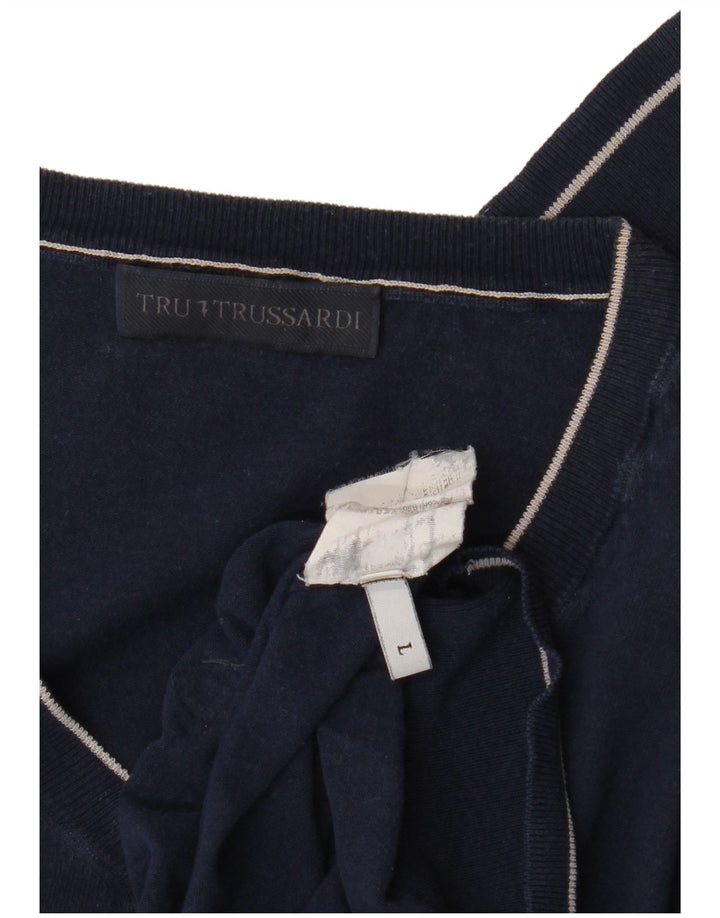 Męski sweter Trussardi z dekoltem w kształcie litery V, duży, granatowy