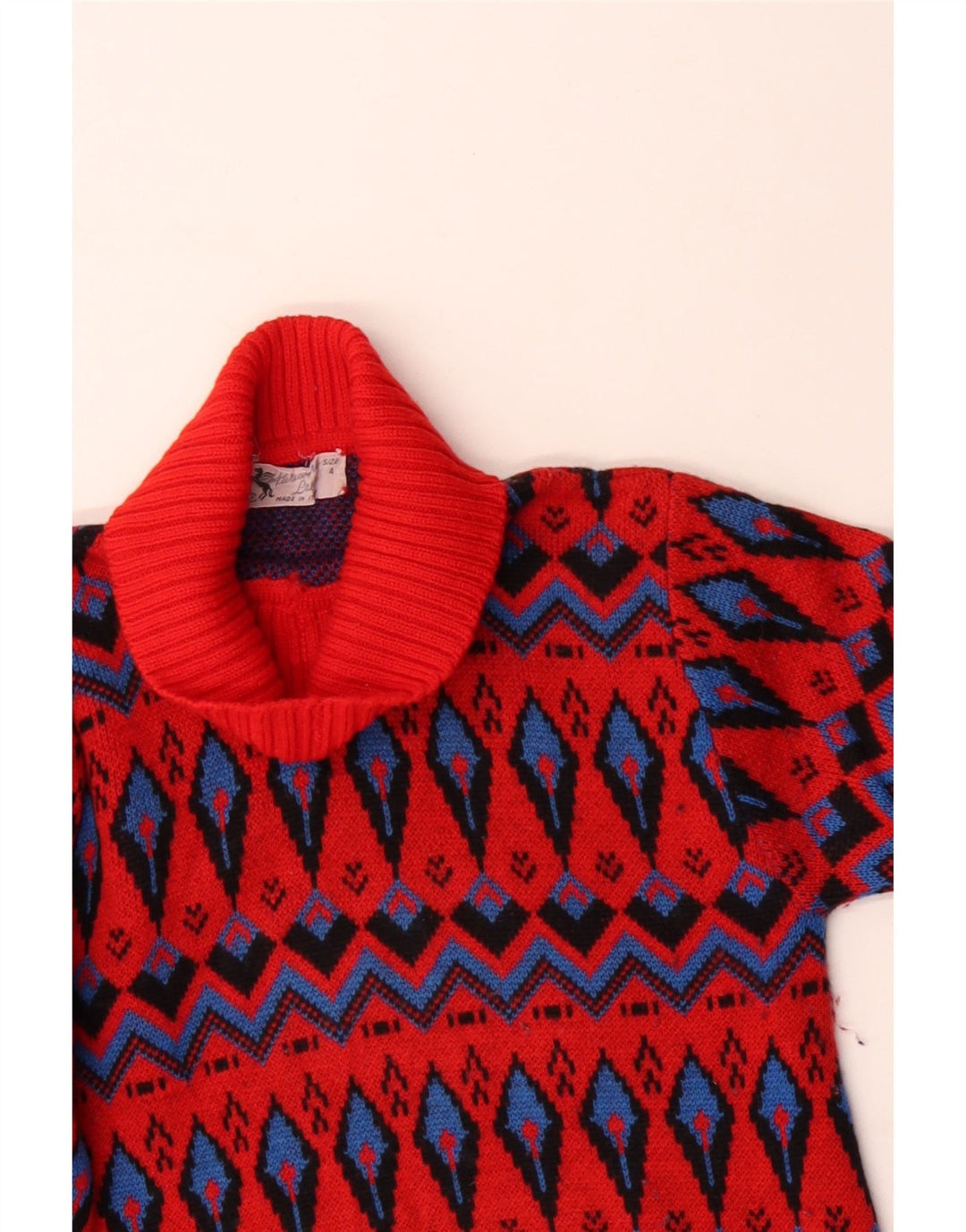 Vintage damski sweter z golfem, rozmiar 4, mały, czerwony, wełna Fair Isle