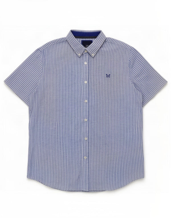 Crew Clothing Męska koszula z krótkim rękawem, duża, niebieska, lniana w prążki