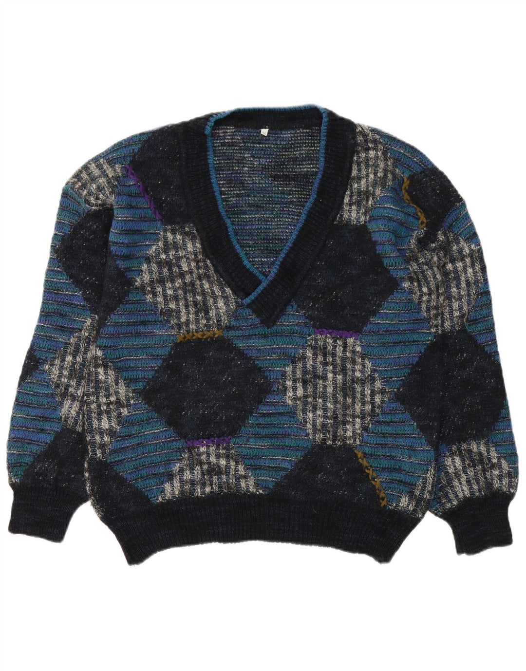 Sweter męski w stylu vintage z dekoltem w szpic IT 48 Średni niebieski Argyle/diamentowa wełna