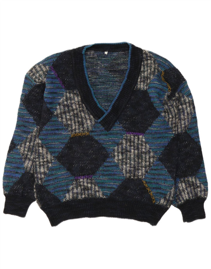 Sweter męski w stylu vintage z dekoltem w szpic IT 48 Średni niebieski Argyle/diamentowa wełna