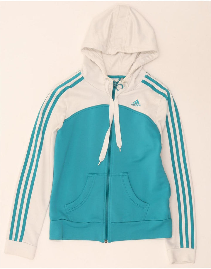 Damski sweter z kapturem i zamkiem błyskawicznym Adidas UK 12 Średni biały poliester z blokami kolorów