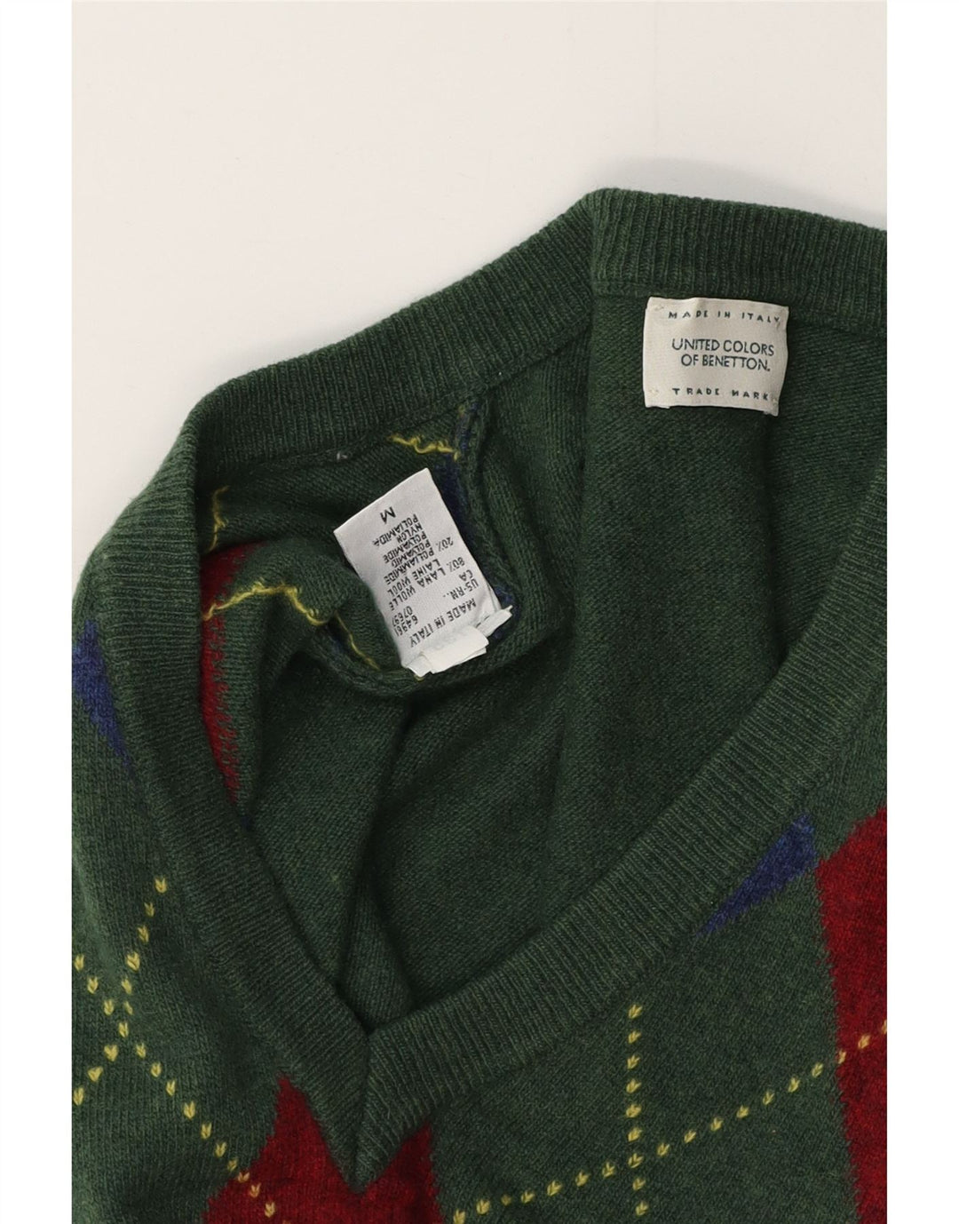 BENETTON Męski sweter z dekoltem w kształcie litery V, średni zielony Argyle/diamentowa wełna