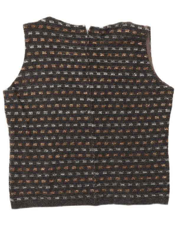 Vintage damski, dzianinowy krótki top bez rękawów UK 12, średnio szary, geometryczny