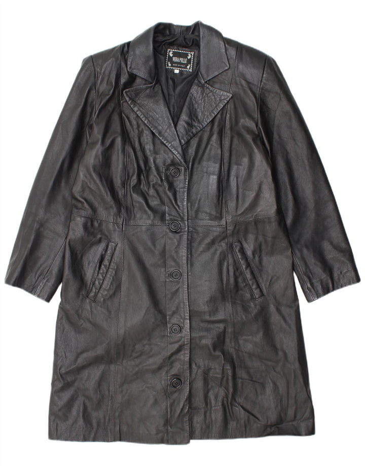 VINTAGE damski płaszcz skórzany UK 18 XL czarna skóra