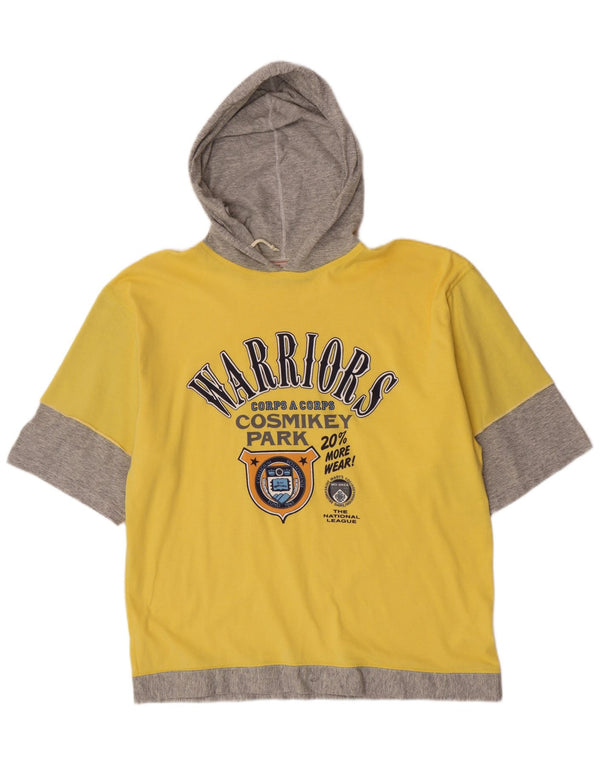 Męski T-shirt z kapturem i grafiką w stylu vintage, duży, żółty blok kolorów