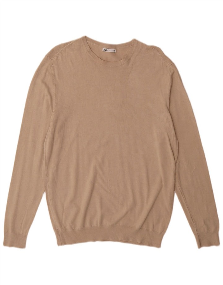 ZARA Mens Crew Neck Jumper Sweater Medium Beige Viscose